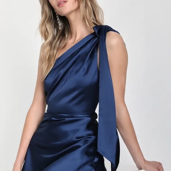 Lovely Refinement Navy Blue Satin Cutout One-Shoulder Maxi Dress - Picture 4 of 4
